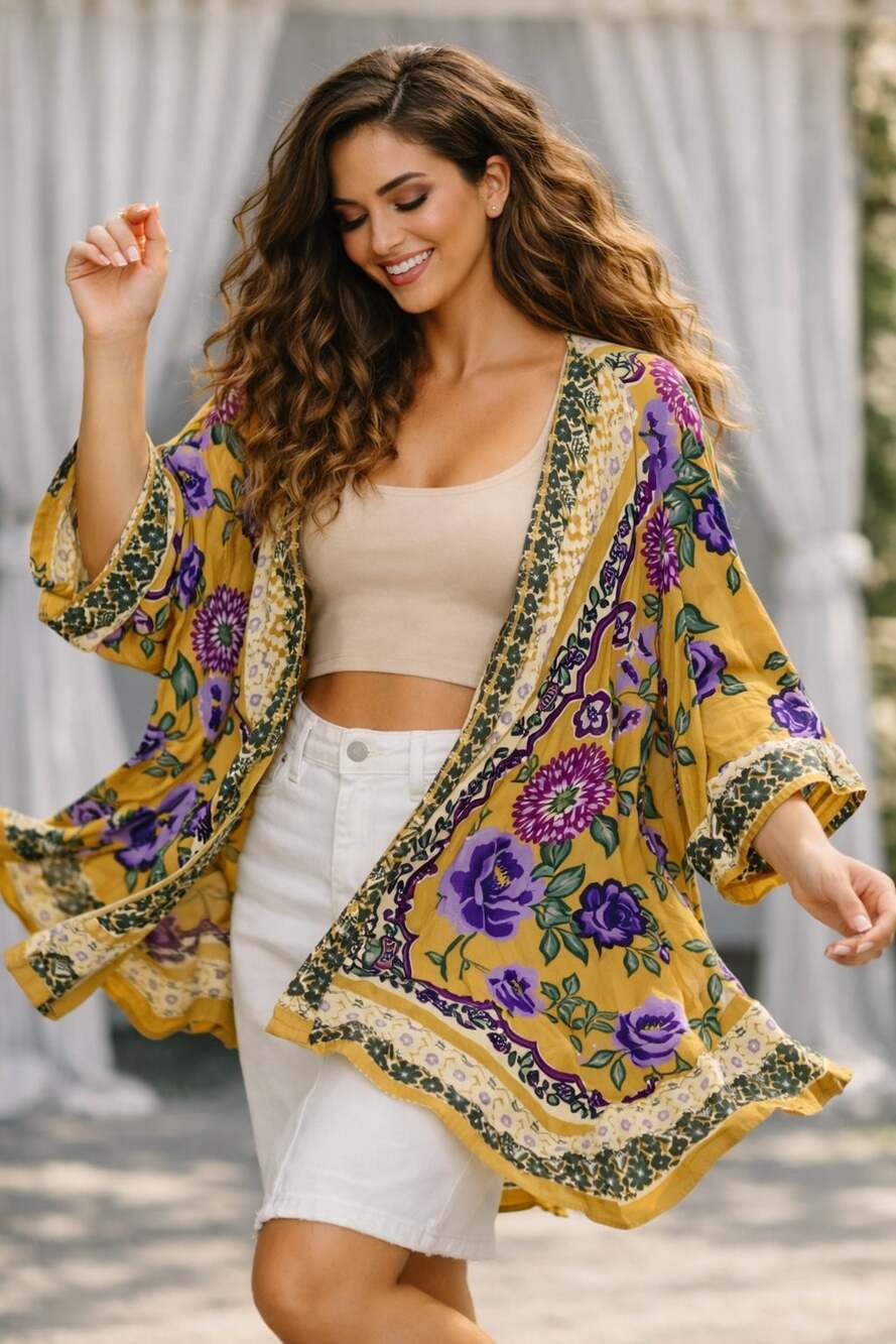 Angie Floral Print Open Front Kimono Cardigan Yellow Boho Summer need tag pics